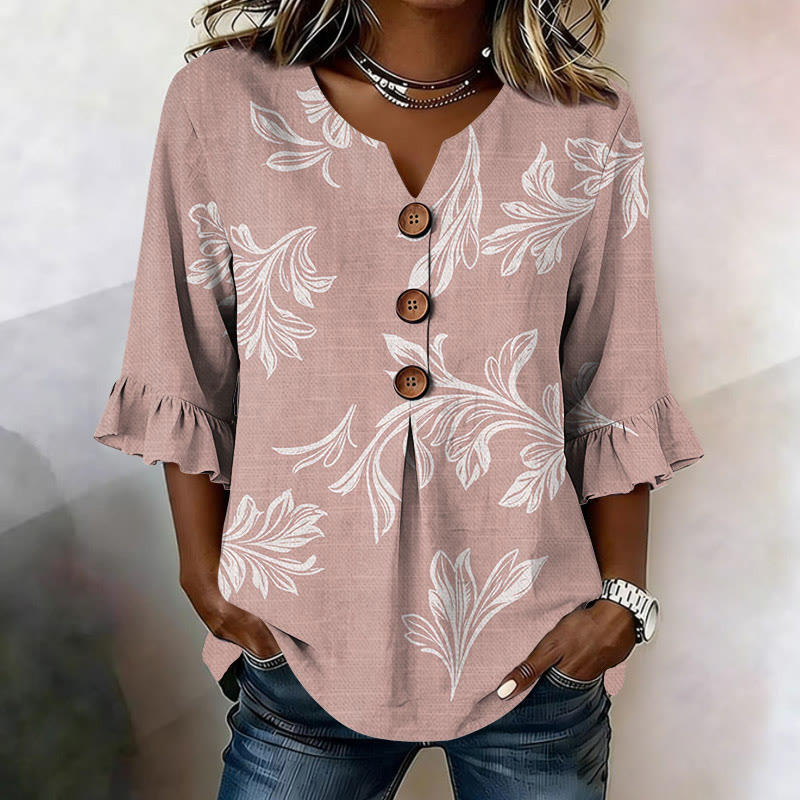 Vintage Flower Print Button V-neck Blouse With Ruffle Sleeves