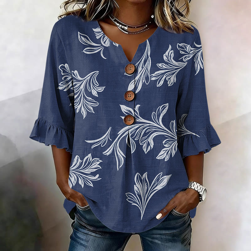 Vintage Flower Print Button V-neck Blouse With Ruffle Sleeves