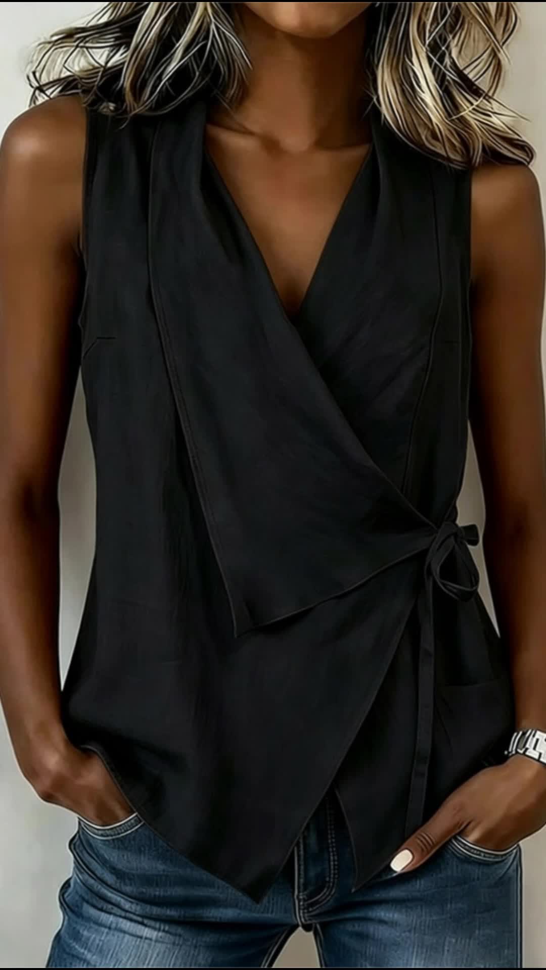 Sleeveless cotton-linen shirt