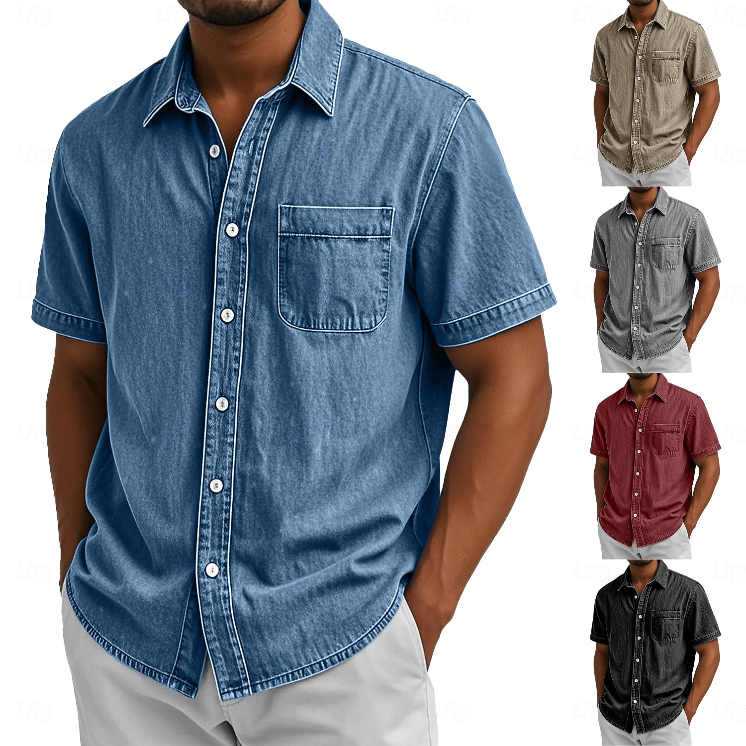 Men Shirt Casual Shirt Button Up Shirt Garment Dyed Acid Wash Shirt Black Burgundy Navy Blue Purple Brown Short Sleeve Solid Color Shirt Collar Casual Daily Front Pocket Clothing Apparel Elegant 2026 - $31.99 &ndash;P1