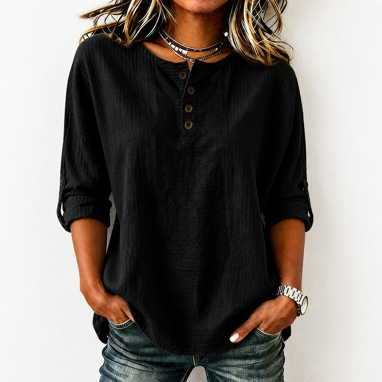 Women'S Casual Cotton And Linen 9-Quarter Sleeved Button Up Top
