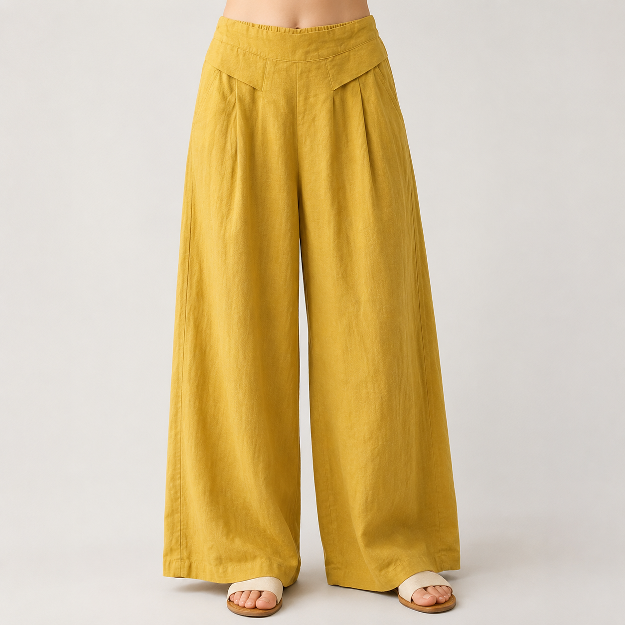 AuraLinen Plain Color Cotton Linen High Waist Wide Leg Pants With Pockets