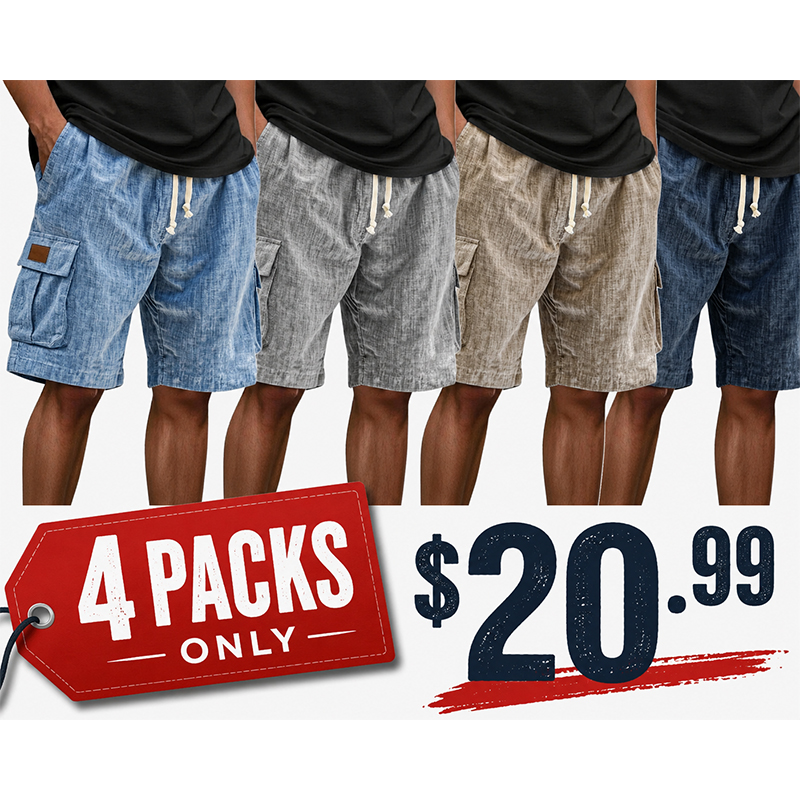 Men's Casual Linen Multi-pocket Embroidered Label Cargo Shorts