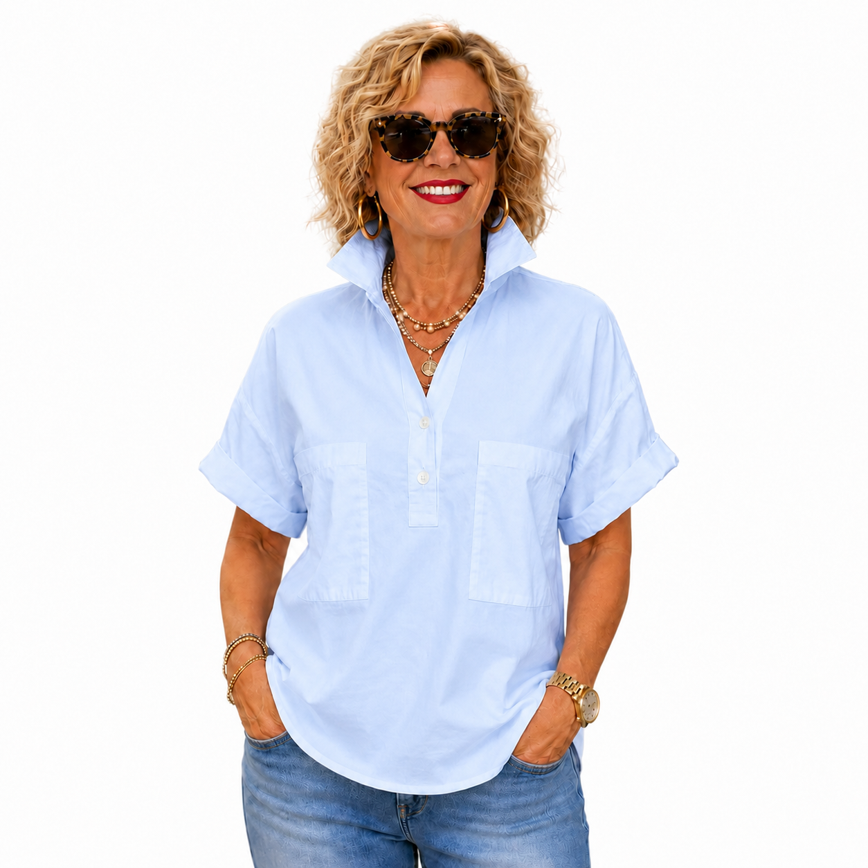 Women’s White Stand Collar Button-Back Relaxed Blouse