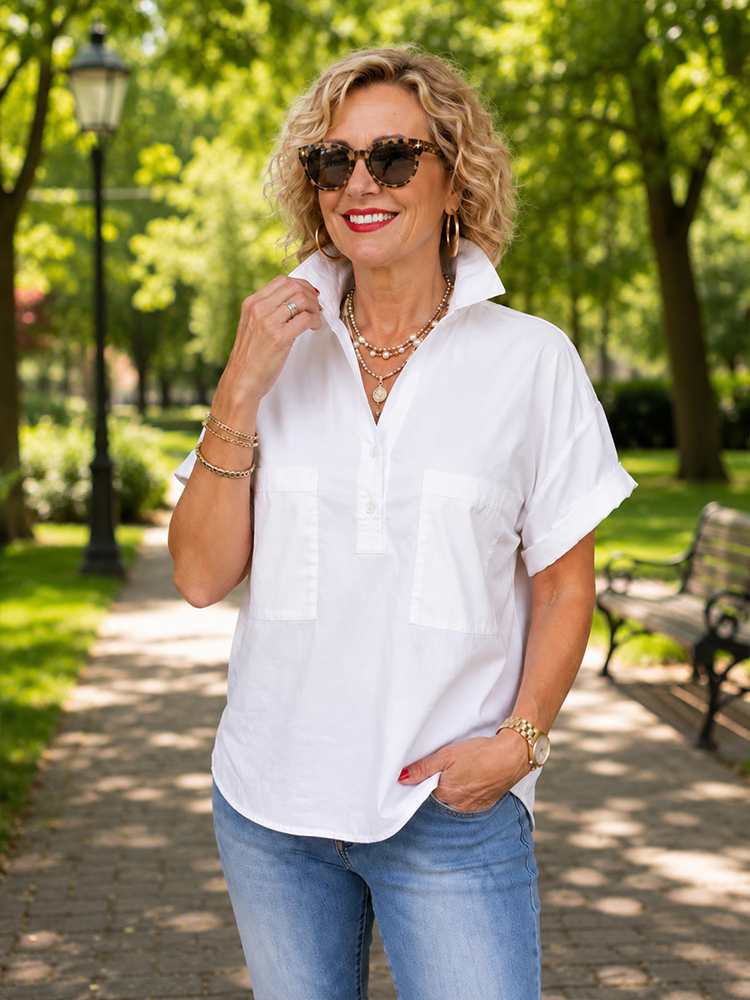 Women’s White Stand Collar Button-Back Relaxed Blouse