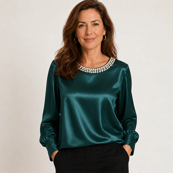 🔥New Arrival🔥Elegant synthetic pearl top with a satin round neckline for women