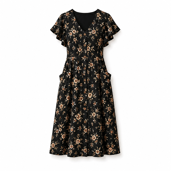 Ruffle Sleeve Button-Front Midi Dresses for Women