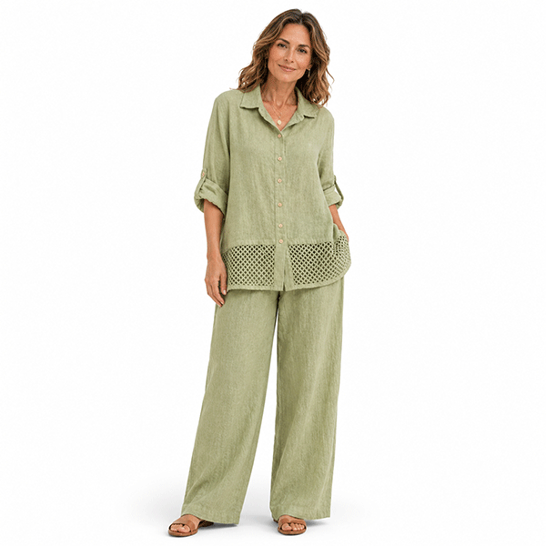 Celina Crochet Linen Shirt Pistachio