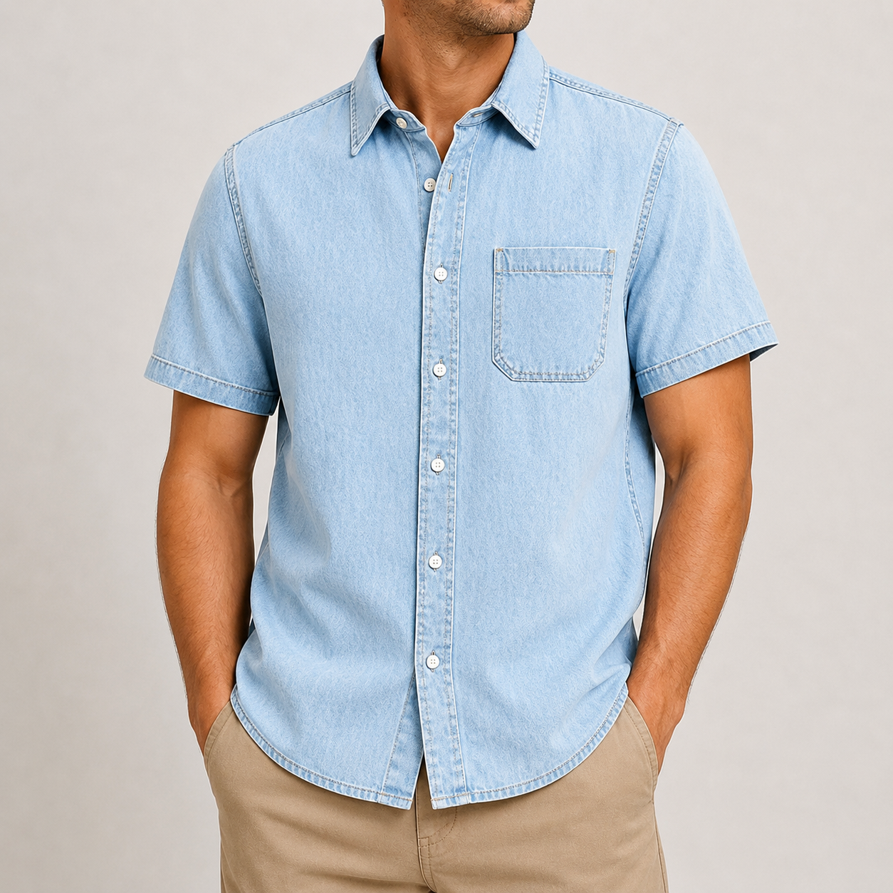 Men's Short Sleeve Denim Button-Up Shirt