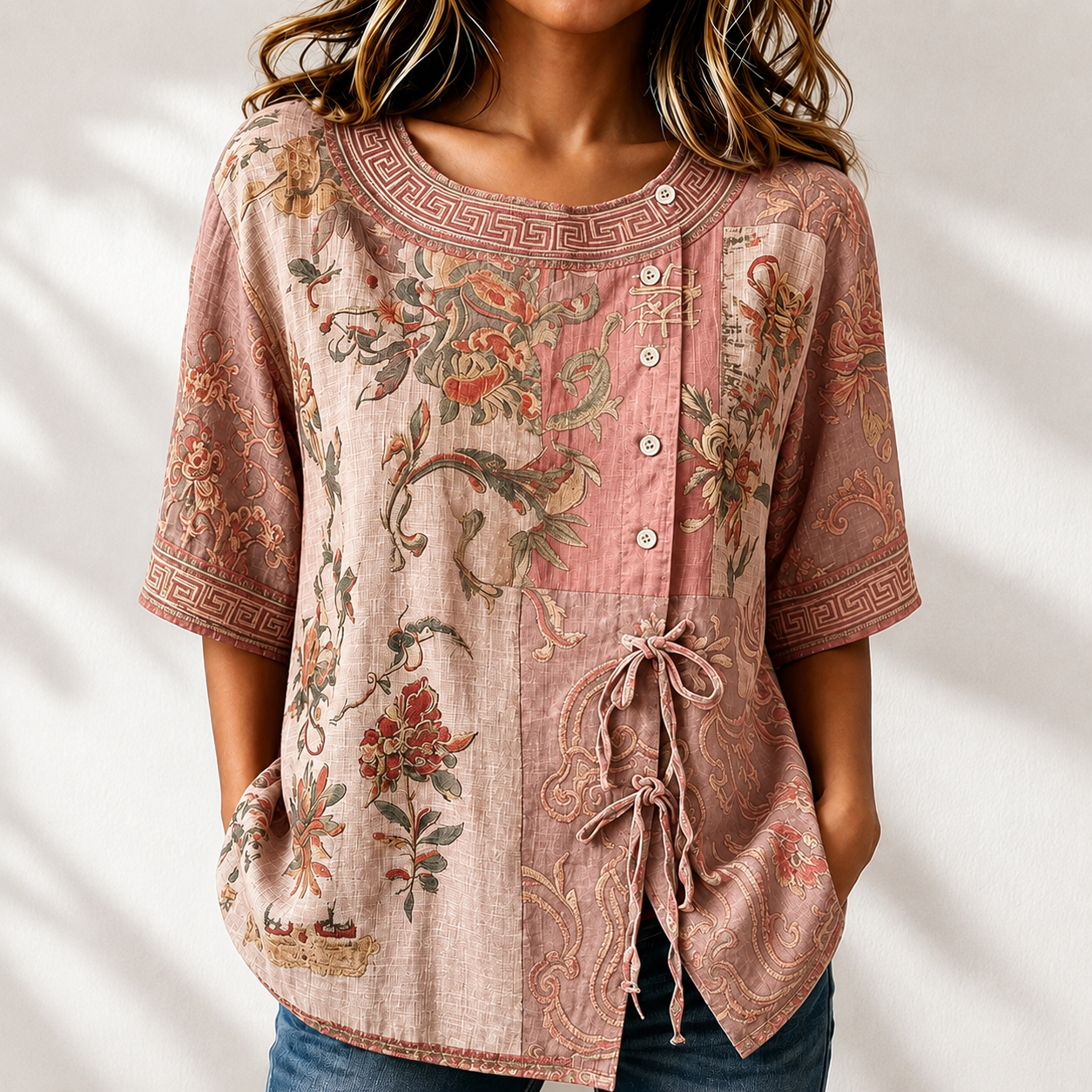 Women'S Vintage Floral Patchwork Relaxed Blouse
