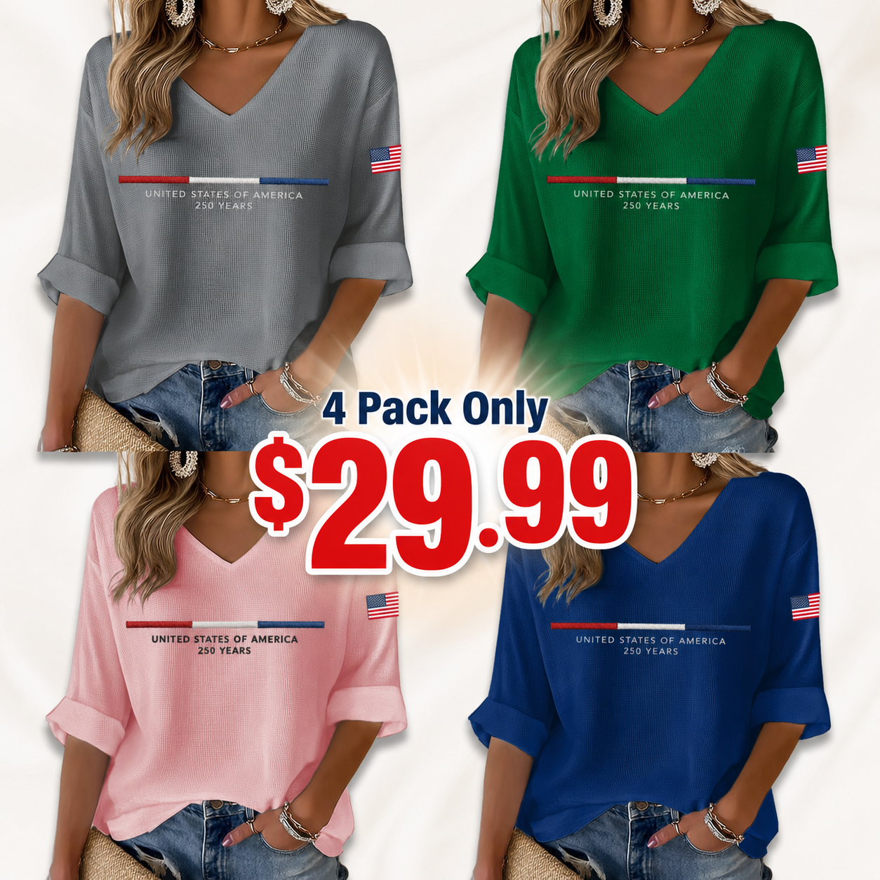 Women's Americana-Inspired Waffle V-Neck Rolled Sleeve Tops