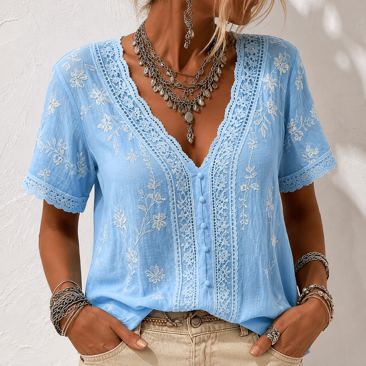 Women's White Floral Lace Art Cotton Linen V-Neck Short Sleeved Top