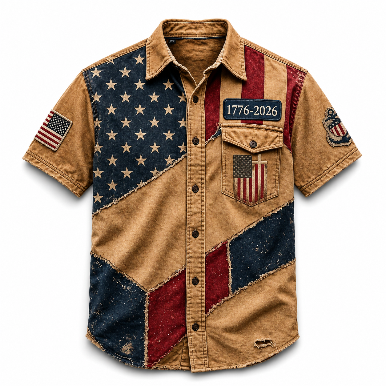 Men's USA 1776-2026 250th Anniversary Vintage Flag Patchwork Short-Sleeve Button-Down Shirt - Distressed Denim Style