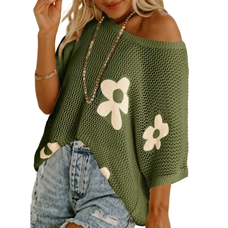 Womens Floral Fashion Summer Tops 2026 Short Sleeve Crochet Sweaters Swimsuit Cover Ups Lightweight Knit Pullover