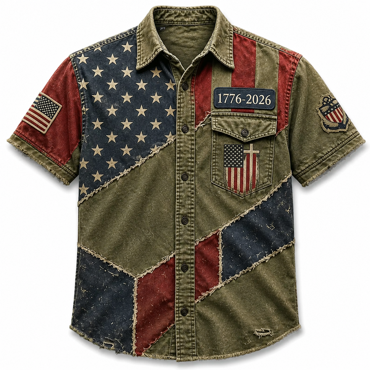 Men's USA 1776-2026 250th Anniversary Vintage Flag Patchwork Short-Sleeve Button-Down Shirt - Distressed Denim Style