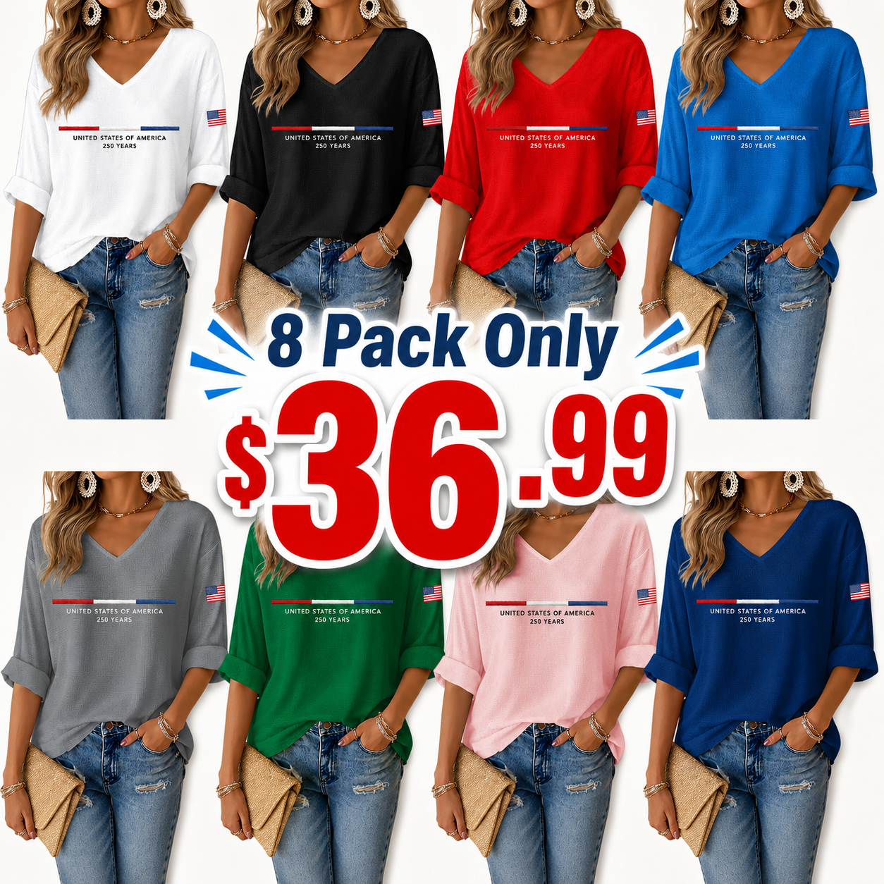 Women's Americana-Inspired Waffle V-Neck Rolled Sleeve Tops