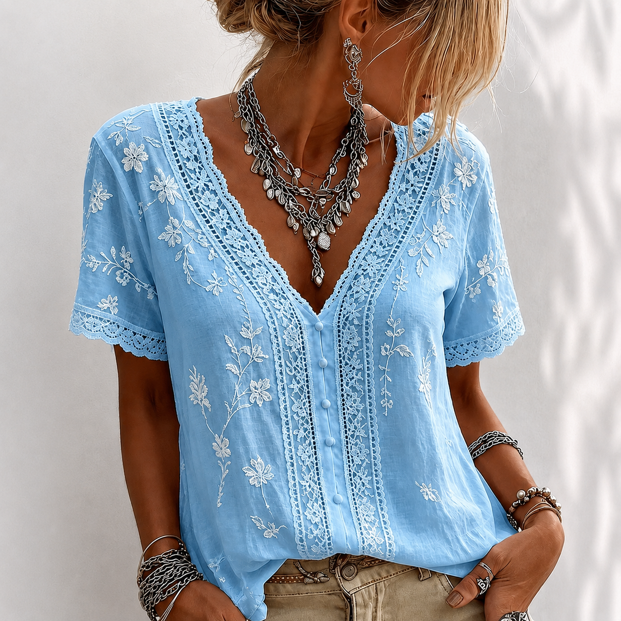 Women’s White Embroidered Lace V-Neck Blouse