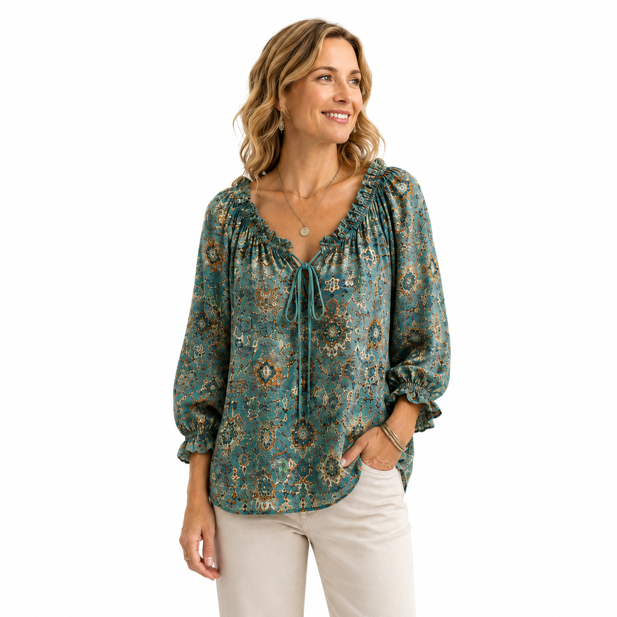 V-Neck Ruffled Lace Up Blouse