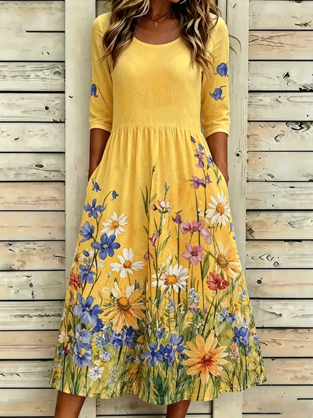 Women Floral Half Sleeve Crew Neck Dress Daily Vintage Maxi A-Line Summer Dress