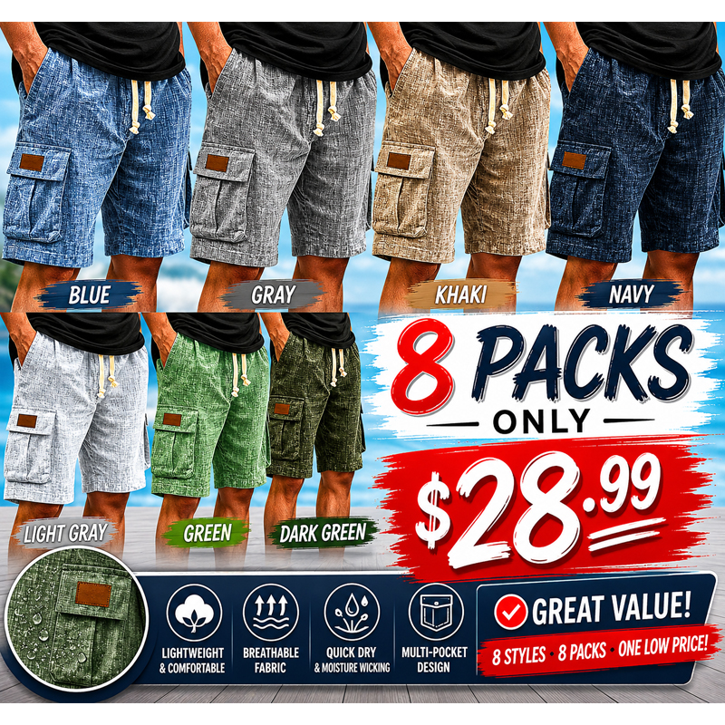 Men's Casual Linen Multi-pocket Embroidered Label Cargo Shorts