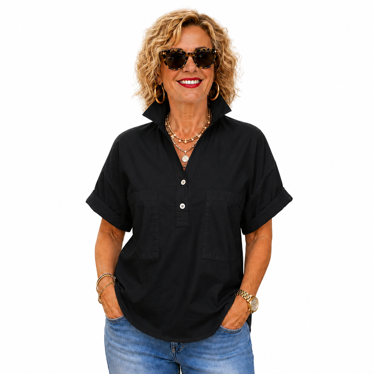 Women’s White Stand Collar Button-Back Relaxed Blouse