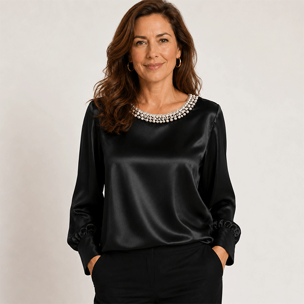 🔥New Arrival🔥Elegant synthetic pearl top with a satin round neckline for women