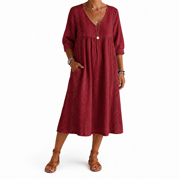 New Arrivals🔥Women's Casual Loose-fitting Patchwork Lace Trim Linen And Cotton Dress