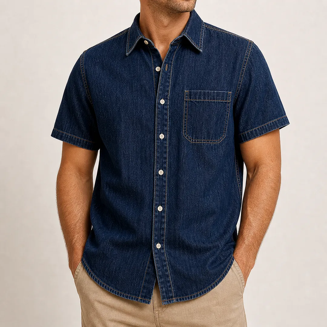 Men's Short Sleeve Denim Button-Up Shirt