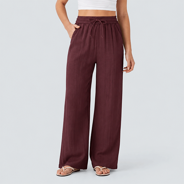 High Waisted Drawstring Pocket Wide Leg Baggy Casual Linen-Feel Pants