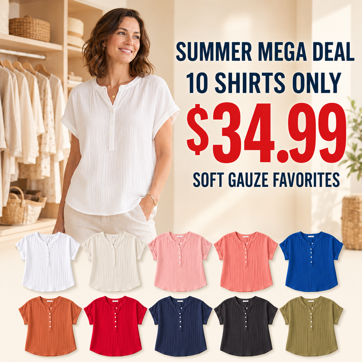 Women's Organic Cotton Gauze Roll Sleeve Shirts - 10 Pack