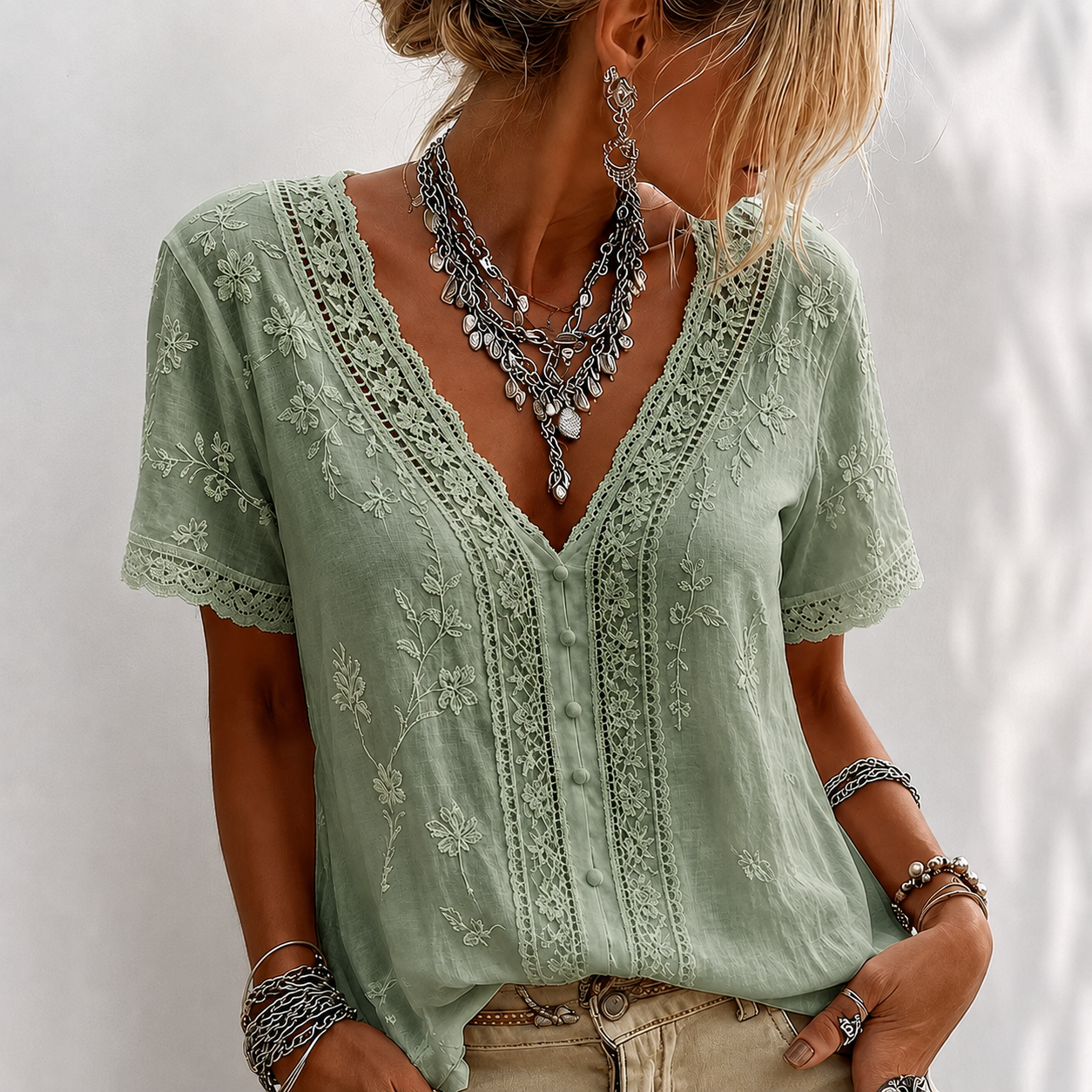 Women’s White Embroidered Lace V-Neck Blouse