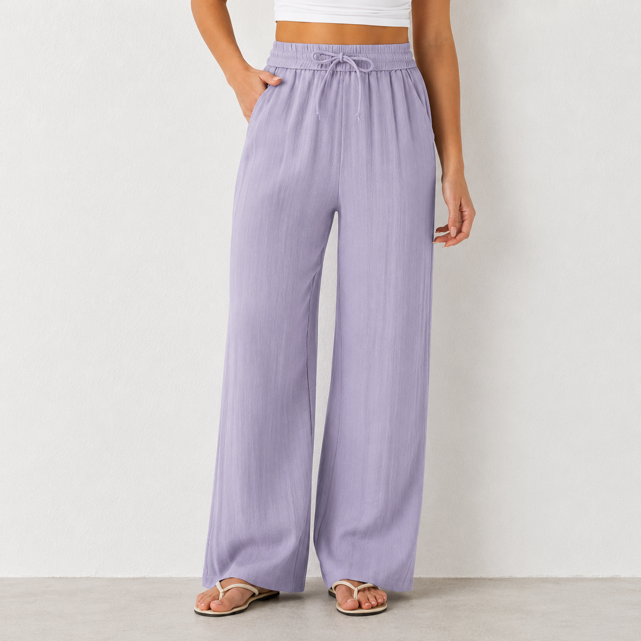 High Waisted Drawstring Pocket Wide Leg Casual Linen-Feel Pants