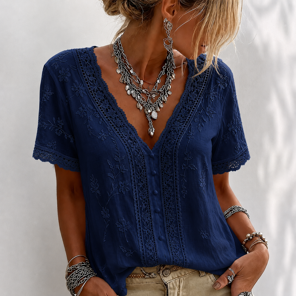Women’s White Embroidered Lace V-Neck Blouse