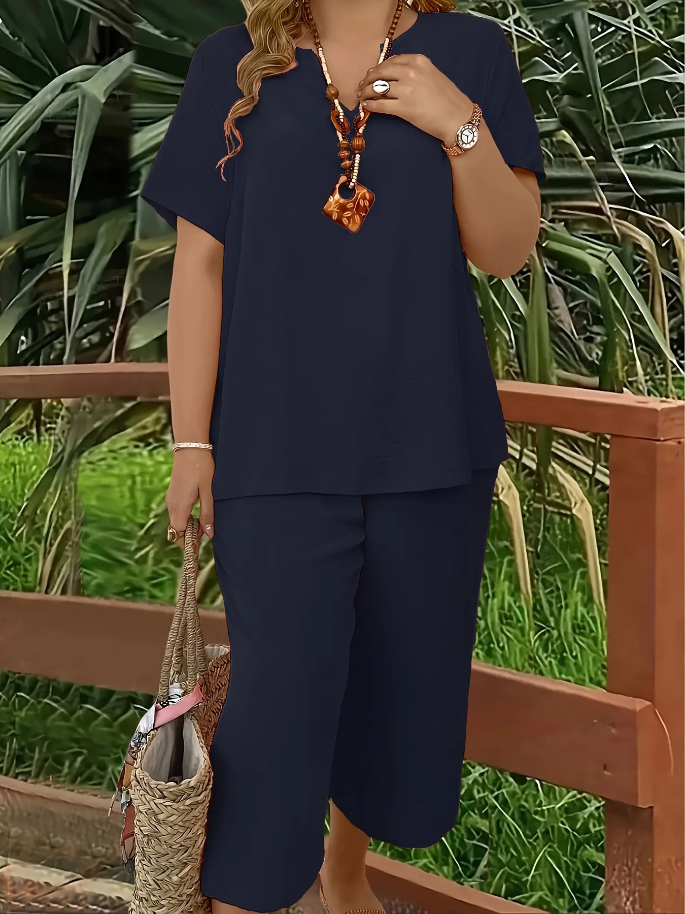 Women's Plus Size Elegant Wide Leg Pants Set - Solid Short Sleeve Casual Outfit - Mother's Day Gift
