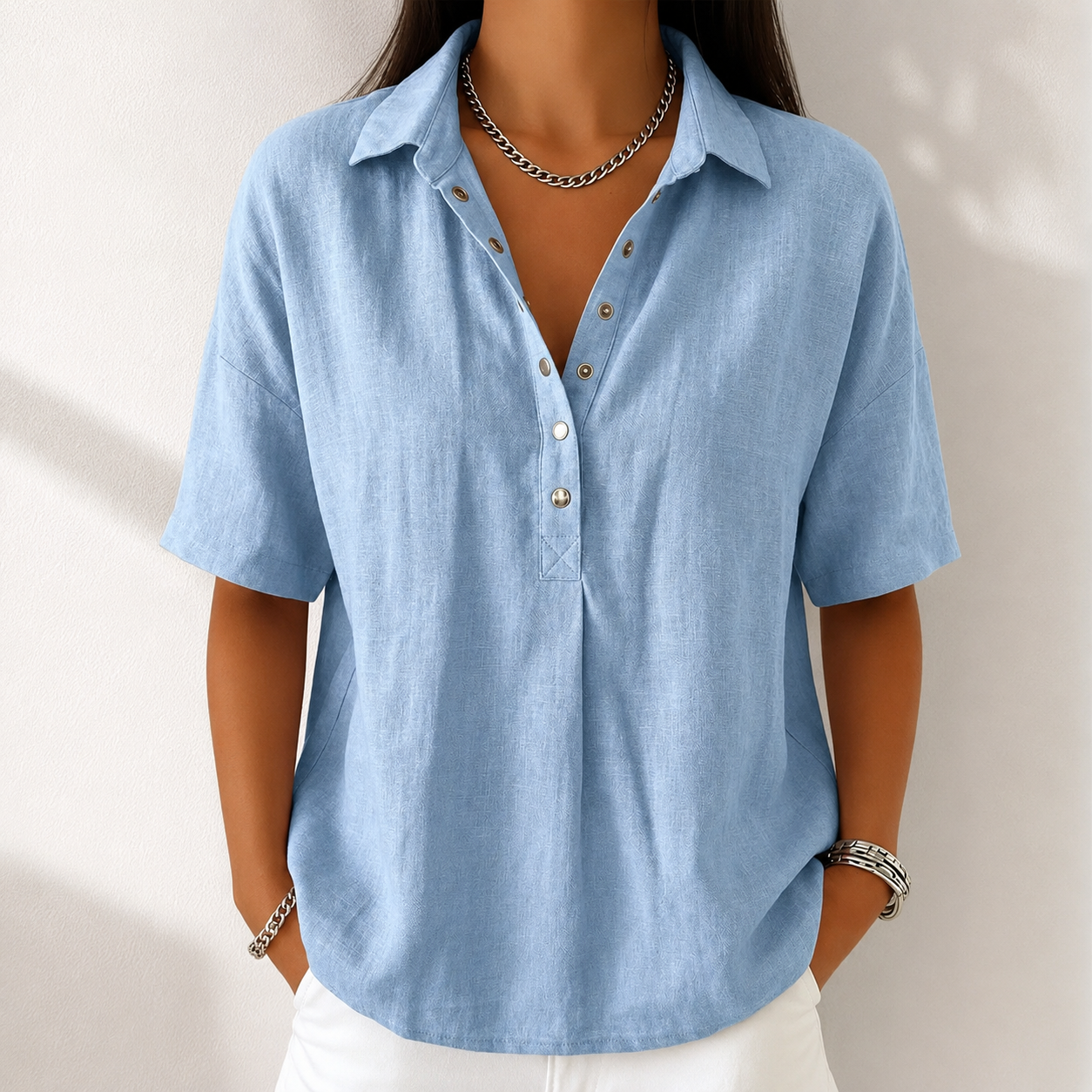 Women’s Cotton Linen Polo Shirt – Casual Short Sleeve Summer Top