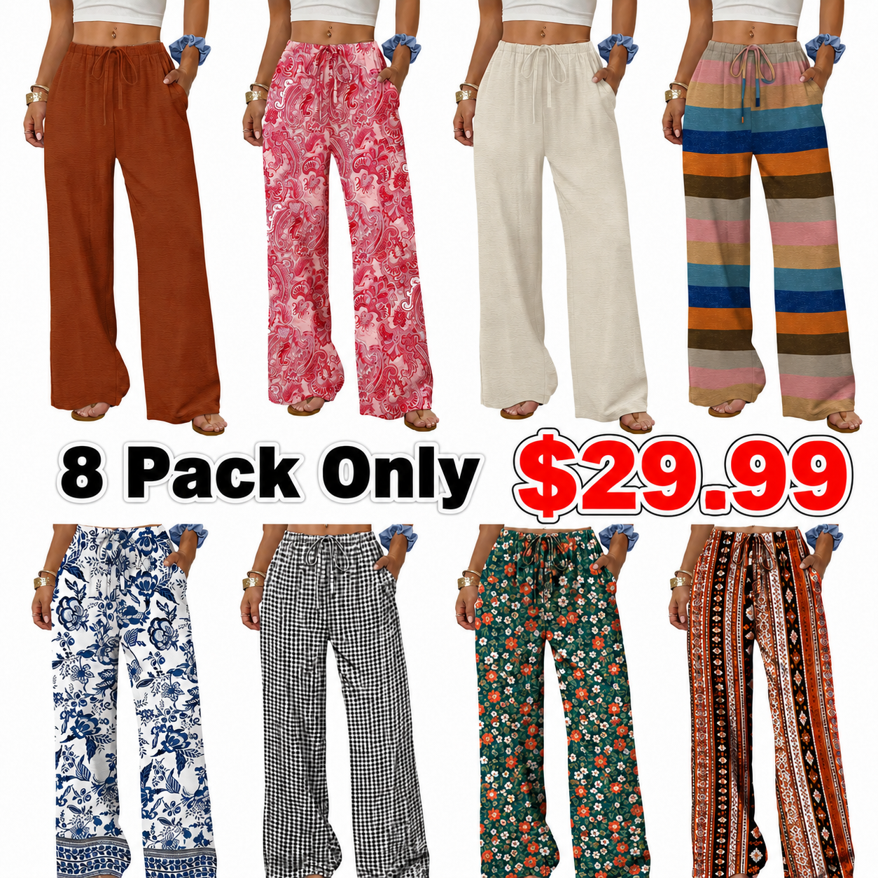 Wide Leg Pants for Women Flowy Palazzo Drawstring Elastic Waist Trousers with Pockets Summer Beach Vacation Clothes