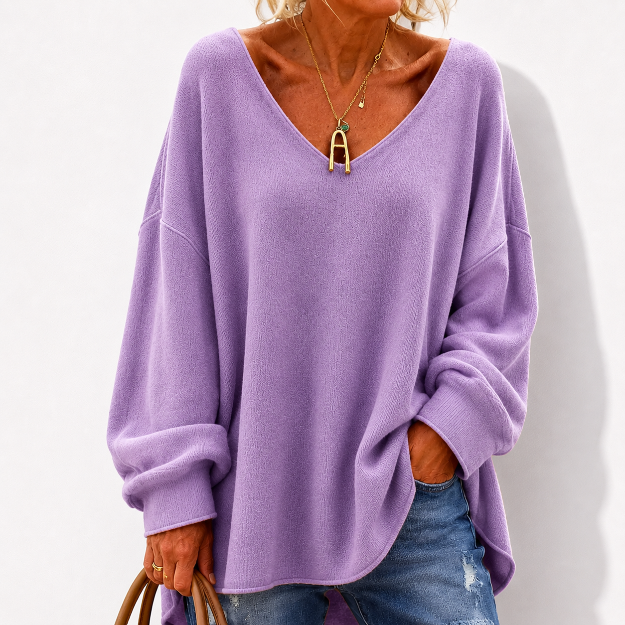 Crew Neck Fuzzy Solid Casual Long Sleeve Women Knitted Shirt
