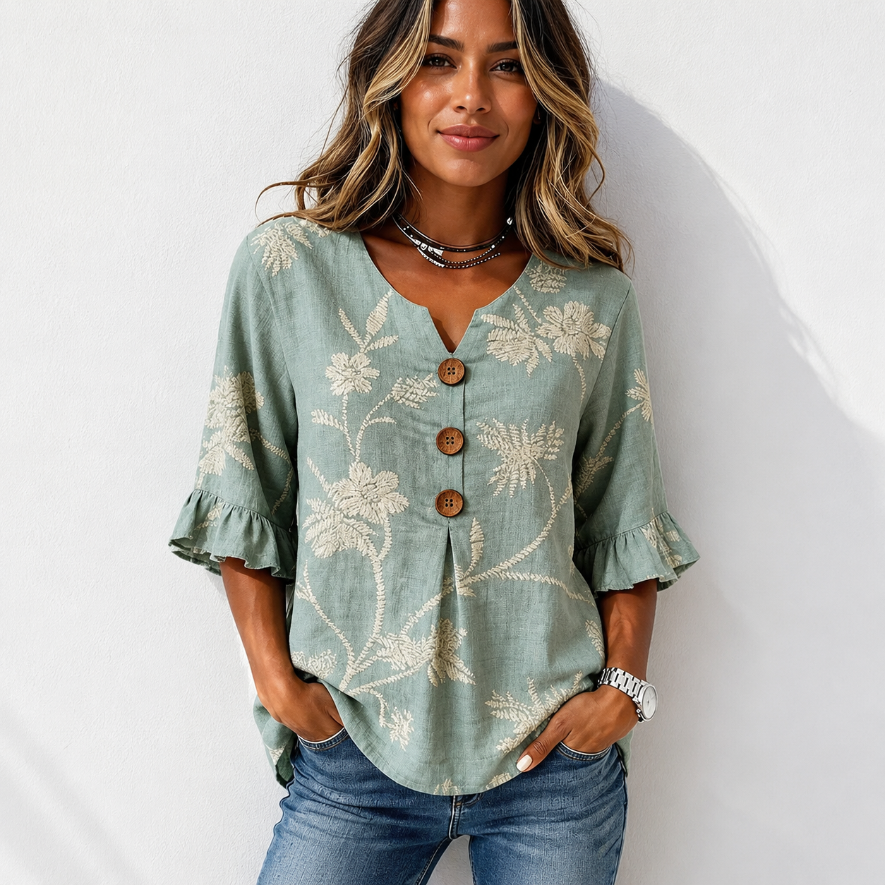 Boho Floral Print Button V-neck Blouse With Ruffle Sleeves