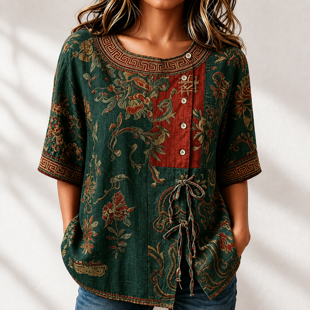 Women'S Vintage Floral Patchwork Relaxed Blouse
