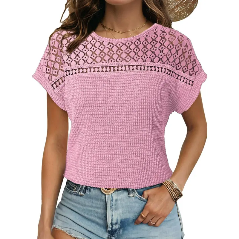 Women's Tops Casual Scoop Neck Short Sleeve Waffle Knit Hollow Out Shirts Loose Tunic Tops Blouses