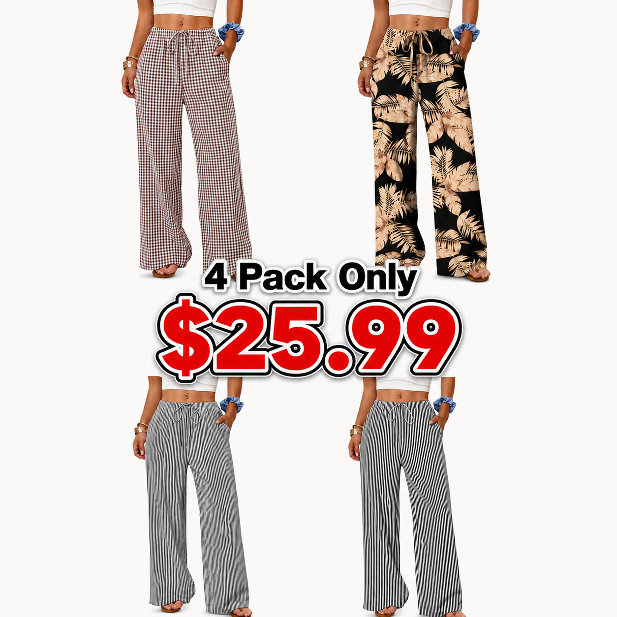 Wide Leg Pants for Women Flowy Palazzo Drawstring Elastic Waist Trousers with Pockets Summer Beach Vacation Clothes