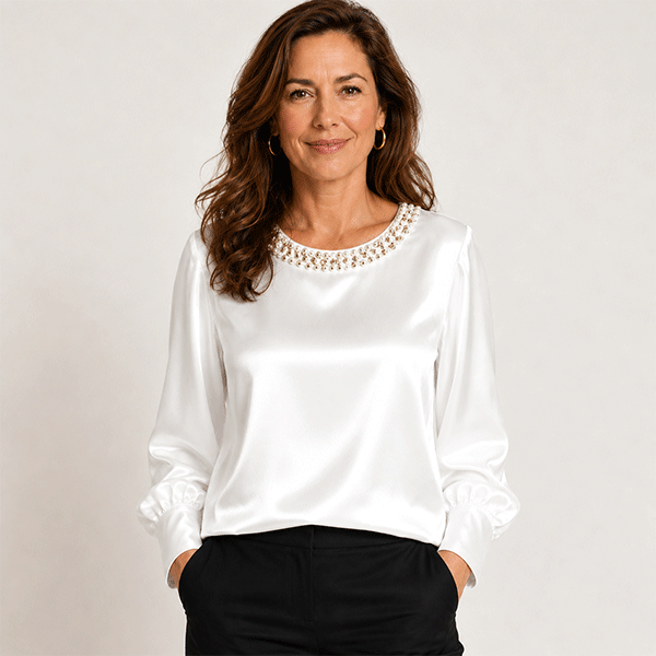 🔥New Arrival🔥Elegant synthetic pearl top with a satin round neckline for women