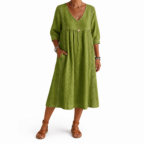 New Arrivals🔥Women's Casual Loose-fitting Patchwork Lace Trim Linen And Cotton Dress