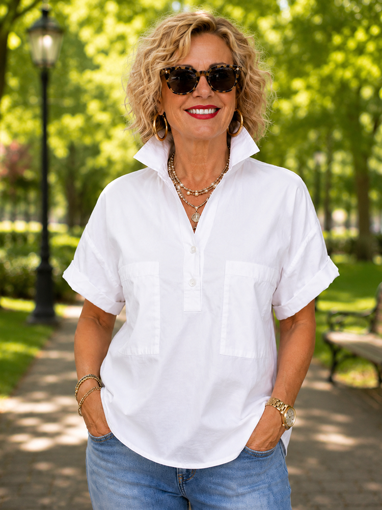 Women’s White Stand Collar Button-Back Relaxed Blouse