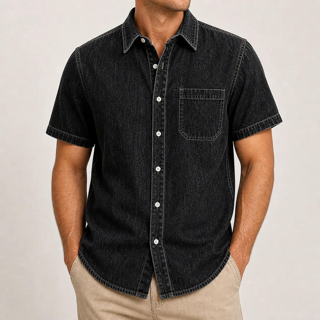 Men's Short Sleeve Denim Button-Up Shirt