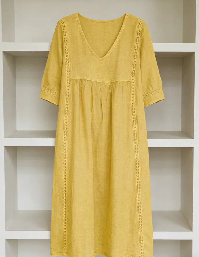New Arrivals🔥Women's Casual Loose-fitting Patchwork Lace Trim Linen And Cotton Dress