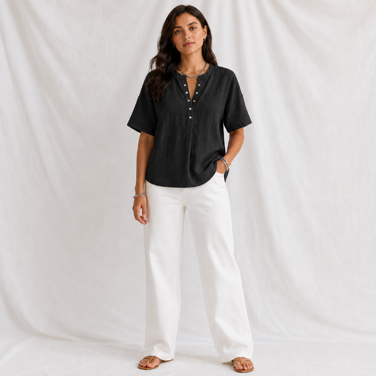 New Arrivals🔥 Women’s Casual Henley Collar Linen And Cotton Short-sleeve Shirt