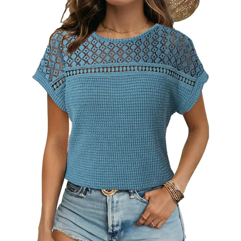 Women's Tops Casual Scoop Neck Short Sleeve Waffle Knit Hollow Out Shirts Loose Tunic Tops Blouses