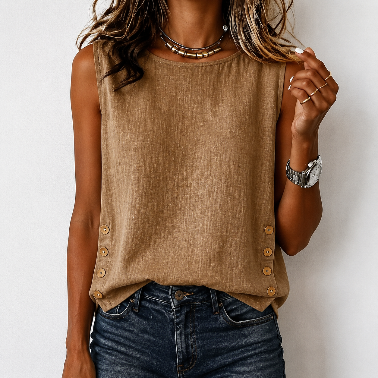 Women’s Casual Sleeveless Button Detail Tank Top