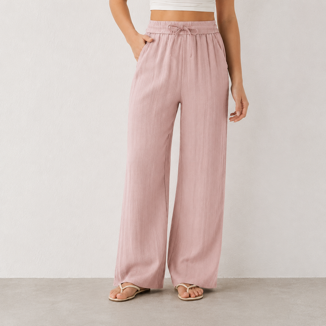 High Waisted Drawstring Pocket Wide Leg Casual Linen-Feel Pants
